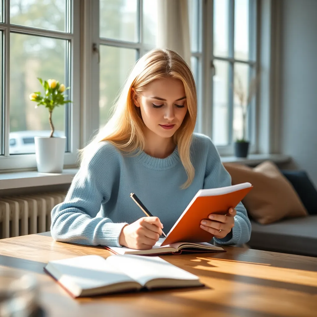 Nederlandse vrouw die ochtendroutine volgt met journal en koffie