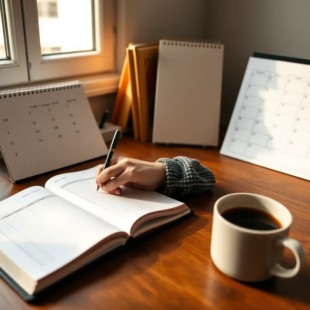 Nederlandse vrouw die ochtendroutine volgt met journal en koffie