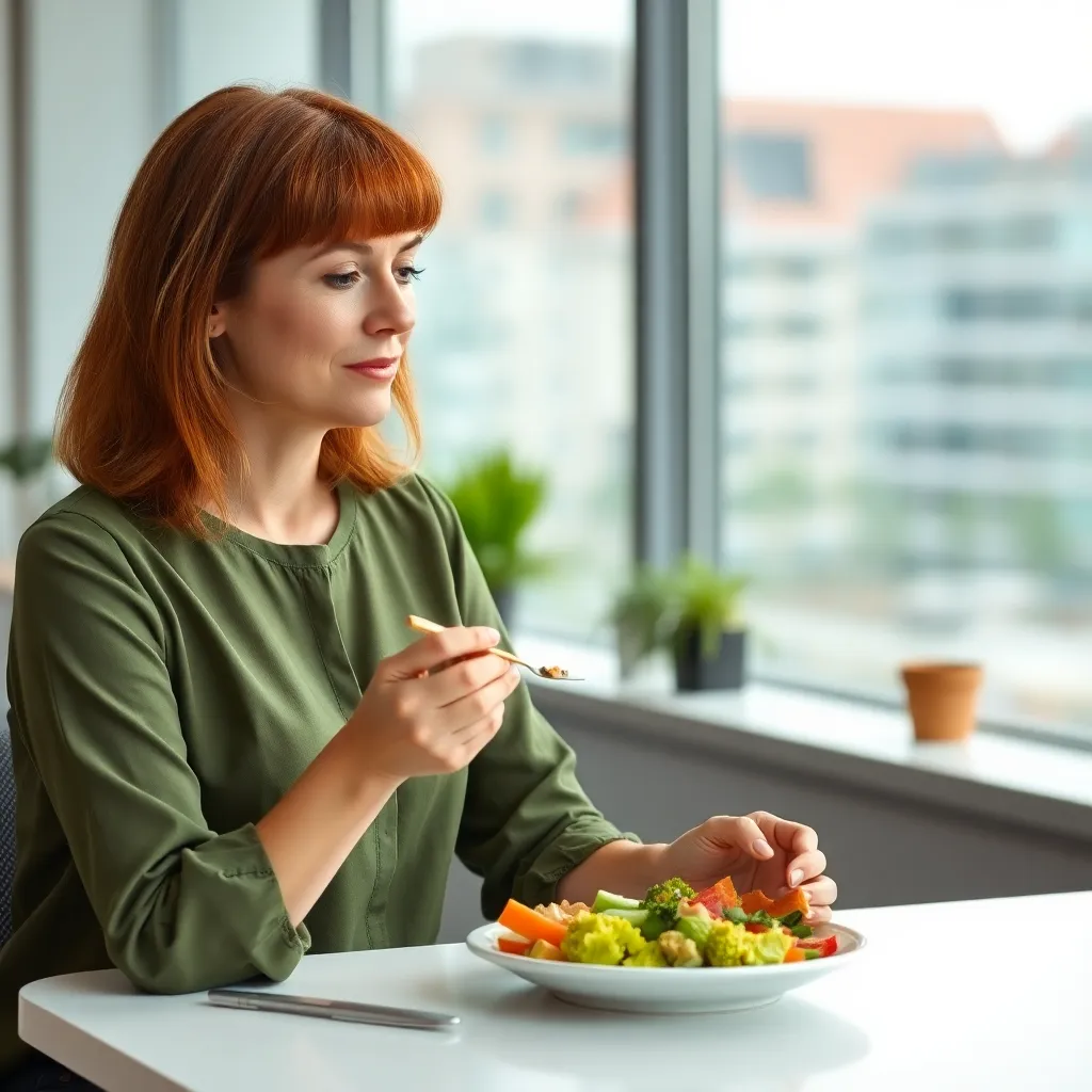 Nederlandse vrouw die mindful eet tijdens lunchpauze